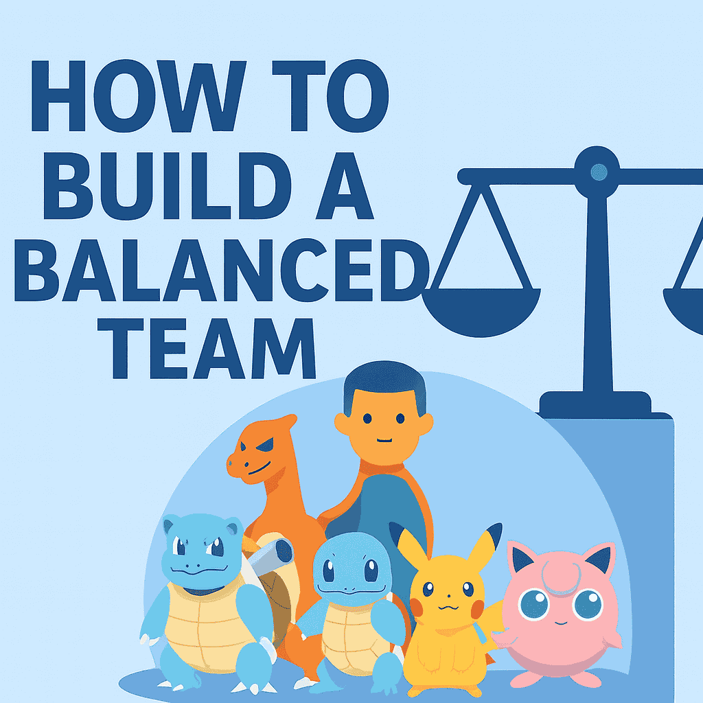 Flat-style illustration showing balanced Pokémon team-building concept with multiple Pokémon silhouettes arranged around a central balance scal