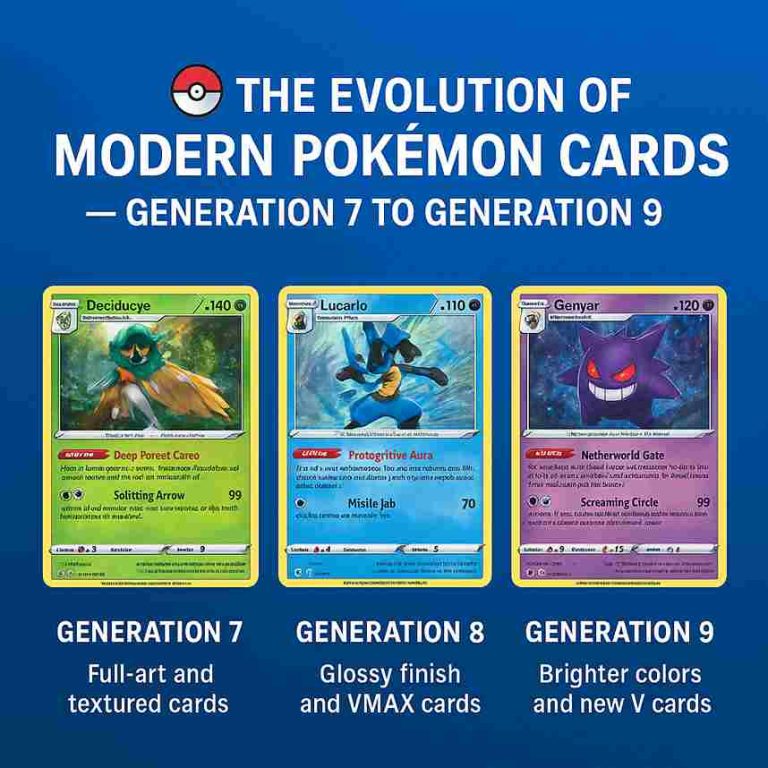 Digital artwork showing a modern-style Pokémon card evolution concept, representing Generations 7 to 9 with bold colors, futuristic patterns, and stylized creature silhouettes