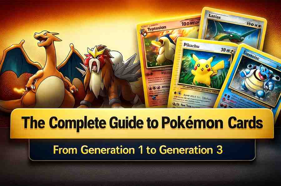 Pokémon cards generation 1 to 3 cover image featuring classic Pokémon starters and vintage card designs.