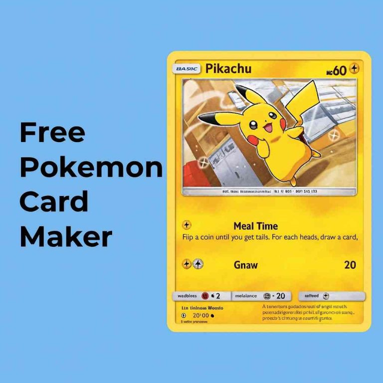"Promotional graphic with a Pikachu Pokémon card on a blue background and the text 'Free Pokemon Card Maker'.