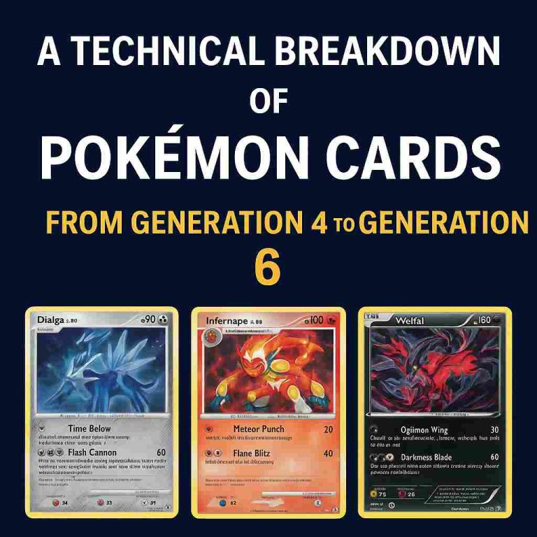 Digital graphic showing a technical breakdown of Pokémon cards from Generation 4 to Generation 6 with modern-style design and gaming theme